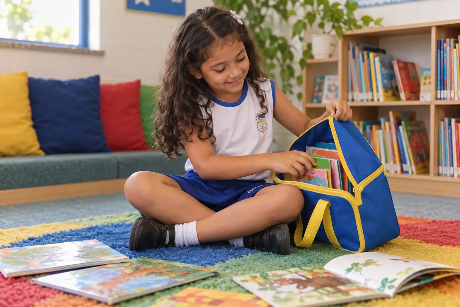Criança abrindo a maleta literária com livros infantis