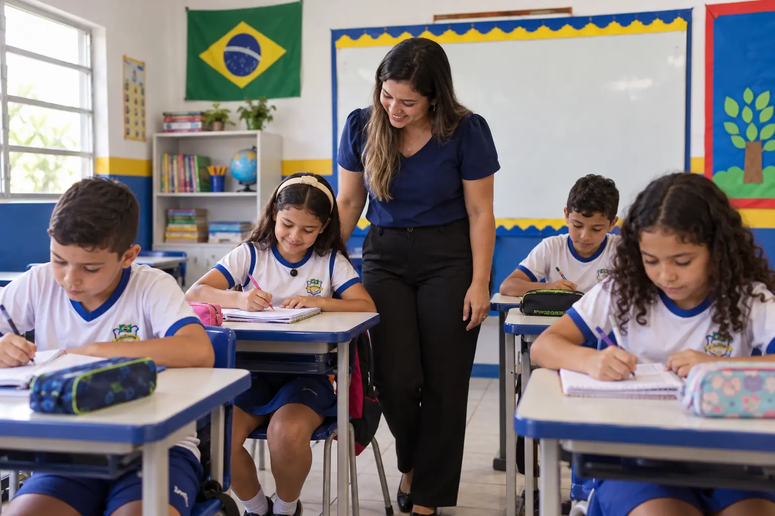Professora acompanhando alunos com a farda do RaulMaster em sala de aula